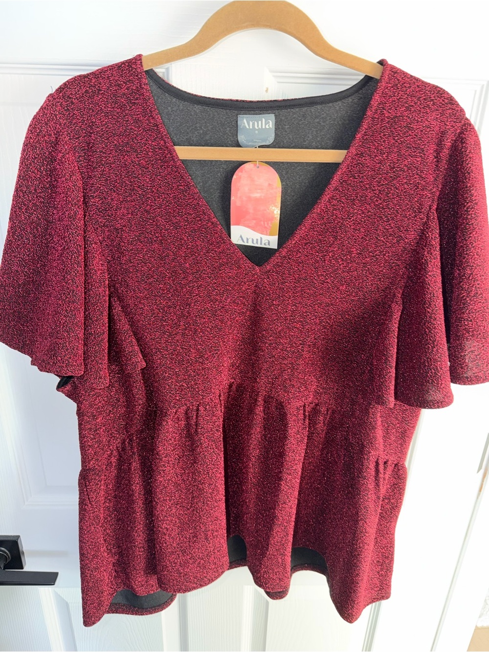 ARULA Burgundy V-Neck Peplum Flutter Sleeve Glitter Top